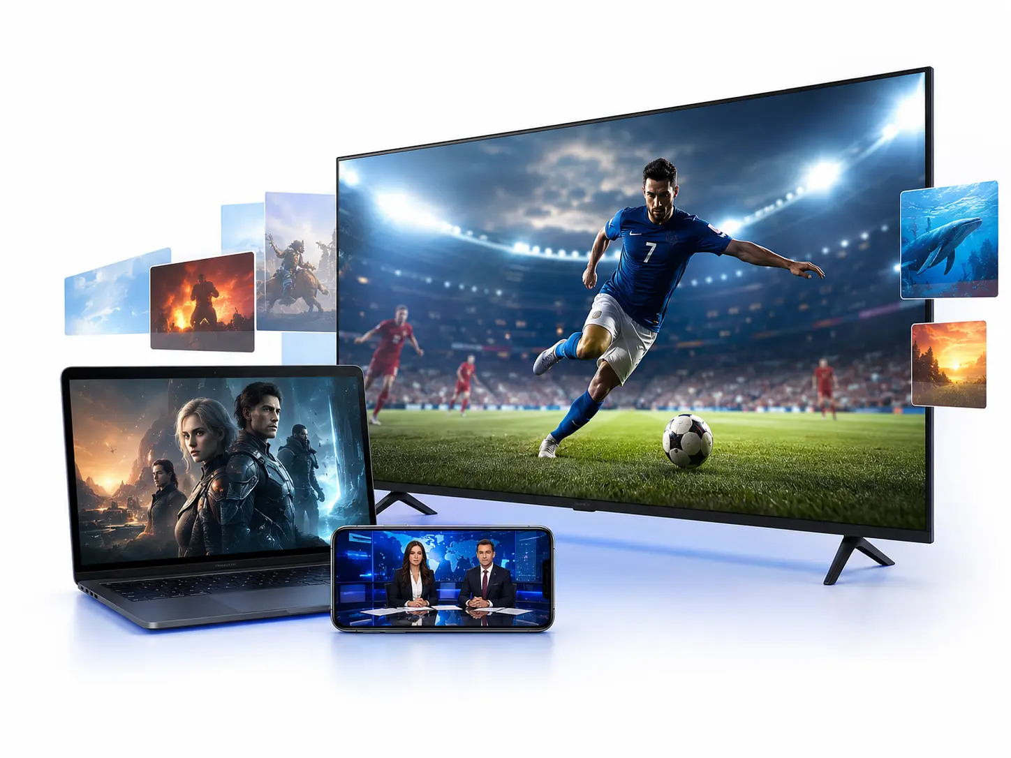 IPTV streaming on Smart TV, laptop and smartphone in 4K quality